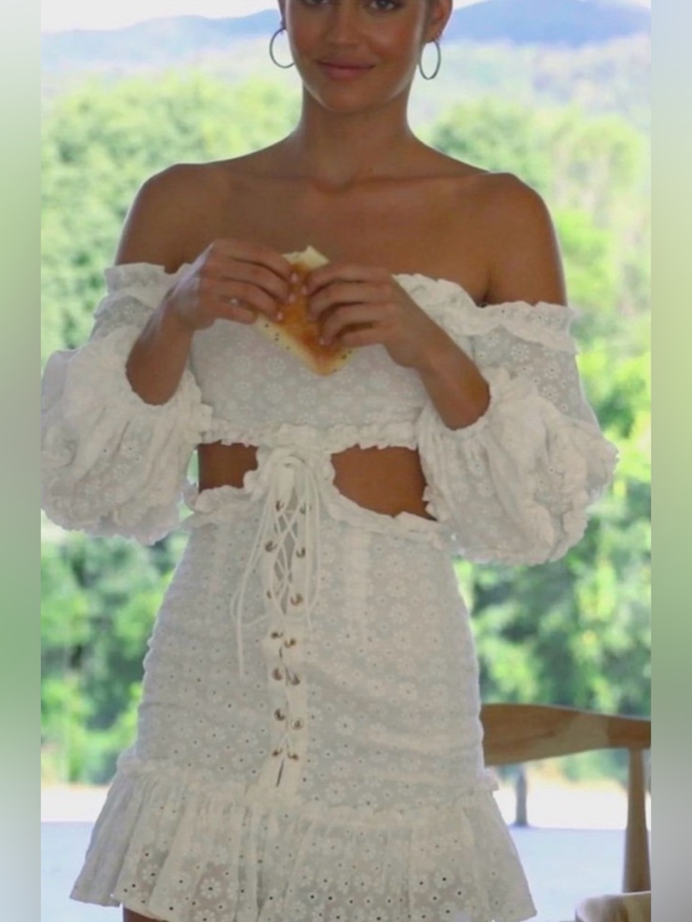 SABO Off Shoulder Eyelet Lace Up Cutout Mini Dress White Medium NWT! - Picture 1 of 11